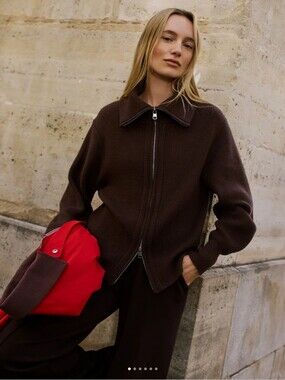 NWOT Varley Enrico Zip-Through Knit Jacket Coffee Bean Brown Small Quiet Luxury